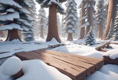 The primary subject of the image is a wooden bench, which is placed in a snowy forest setting. The bench is surrounded by snow-covered trees, creating a serene and peaceful atmosphere. The visual style of the image is digital art, as it appears to be a computer-generated or digitally rendered scene. The colors and mood of the image are predominantly white and cold, with the snow and trees creating a wintry and tranquil environment.